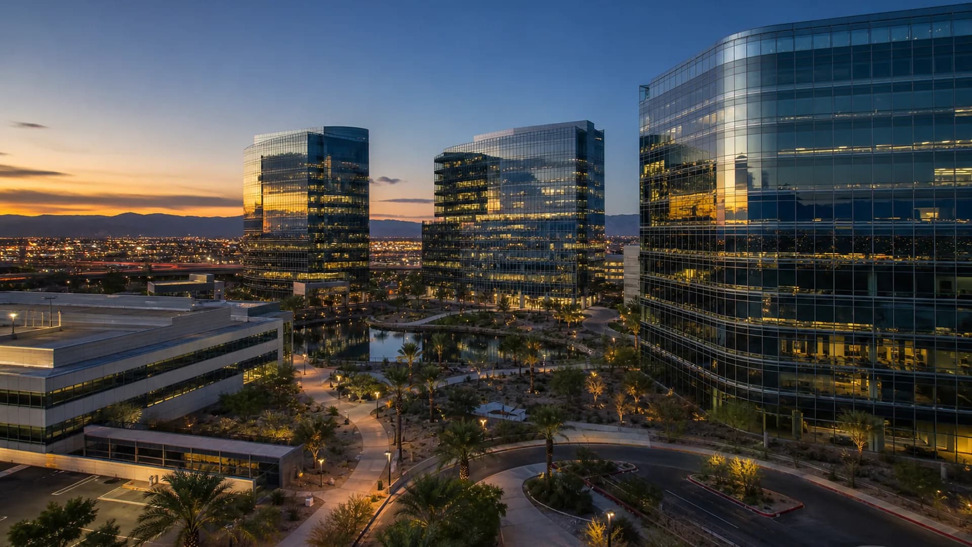 Modern Las Vegas business district office towers at dusk | Las Vegas Relocation Services Modern Las Vegas business district office towers at dusk