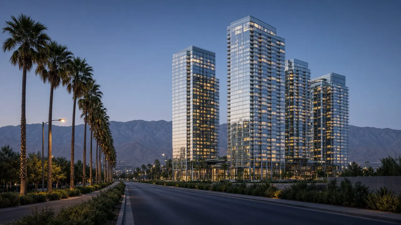 Glass residential towers in Las Vegas at blue hour with palm trees | Las Vegas Relocation Services Glass residential towers in Las Vegas at blue hour with palm trees