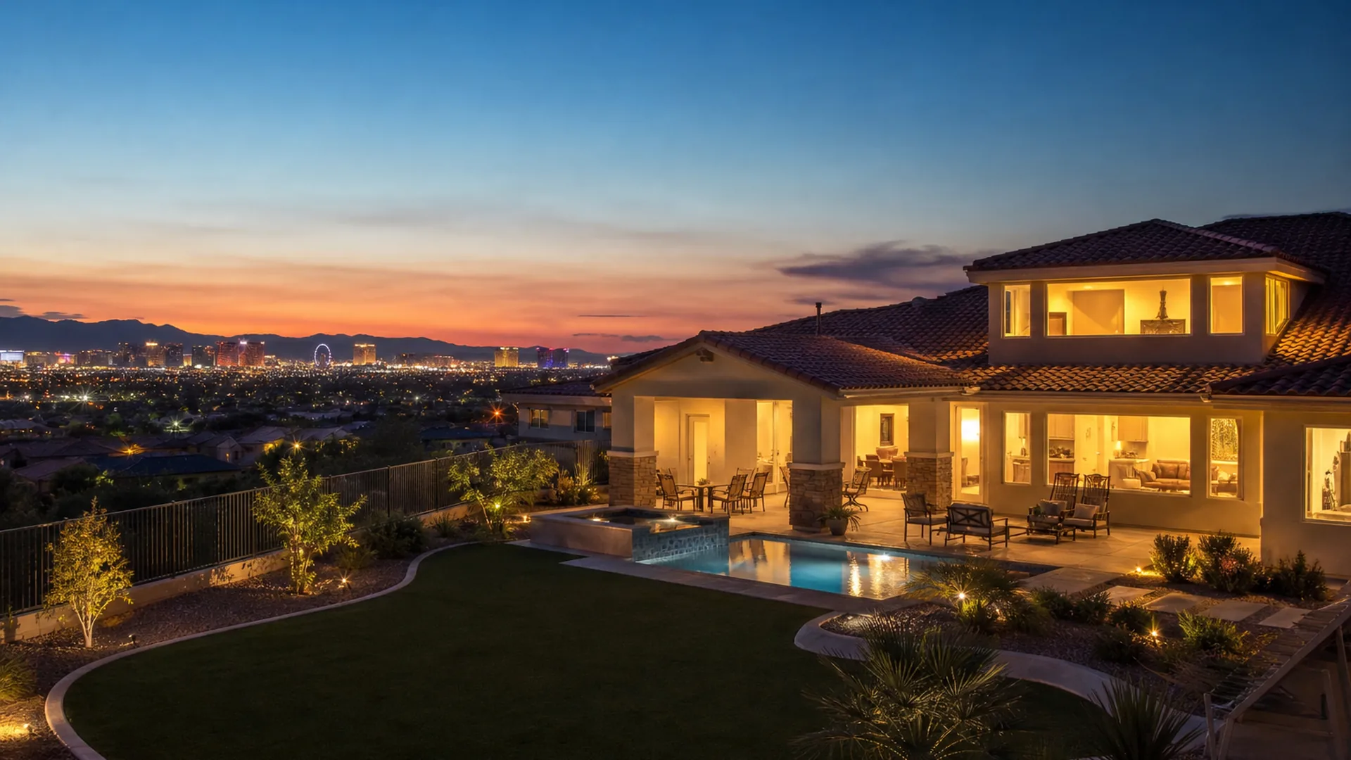 Spacious Las Vegas suburban home at twilight with city glow on the horizon | Las Vegas Relocation Services Spacious Las Vegas suburban home at twilight with city glow on the horizon