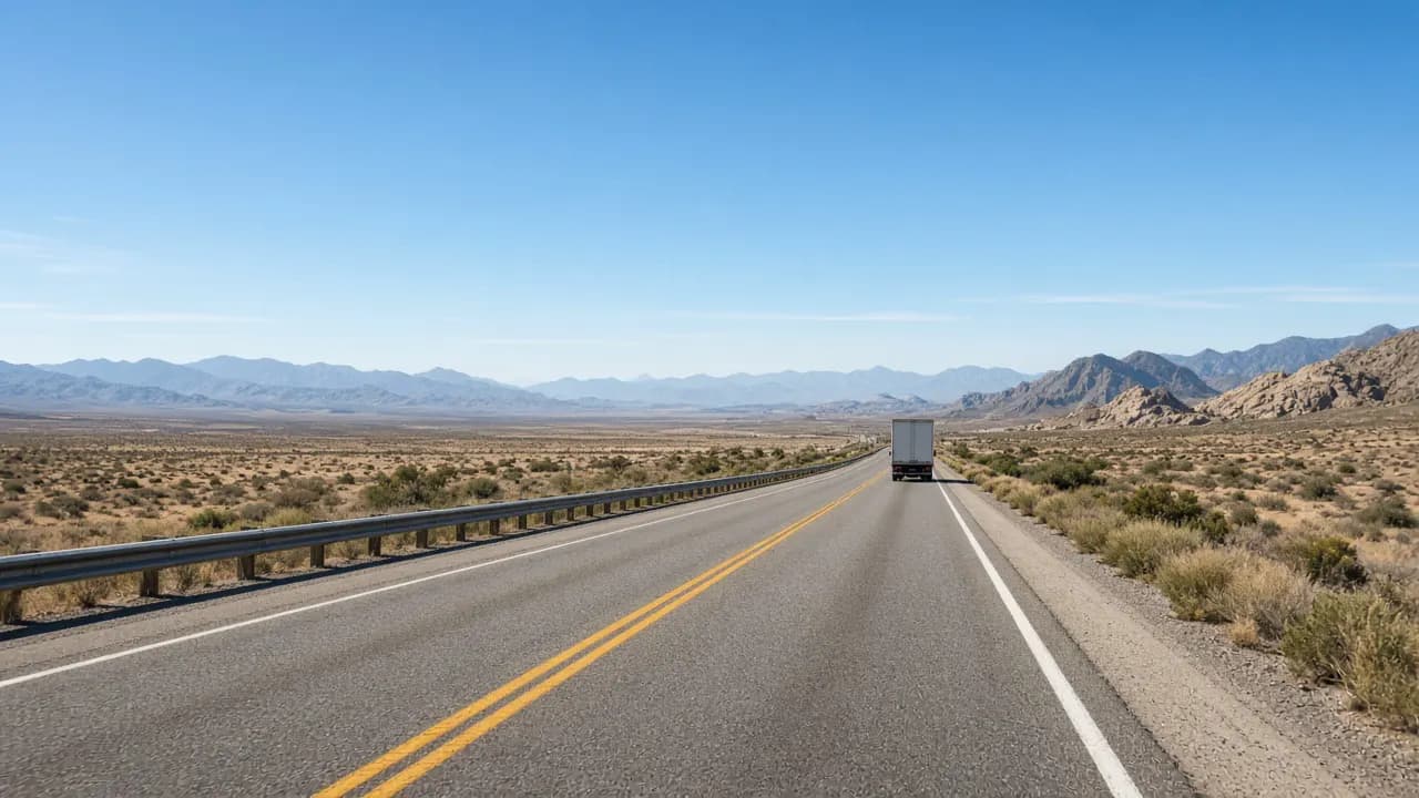 Moving truck on a desert interstate between Arizona and Las Vegas | Las Vegas Relocation Services Moving truck on a desert interstate between Arizona and Las Vegas
