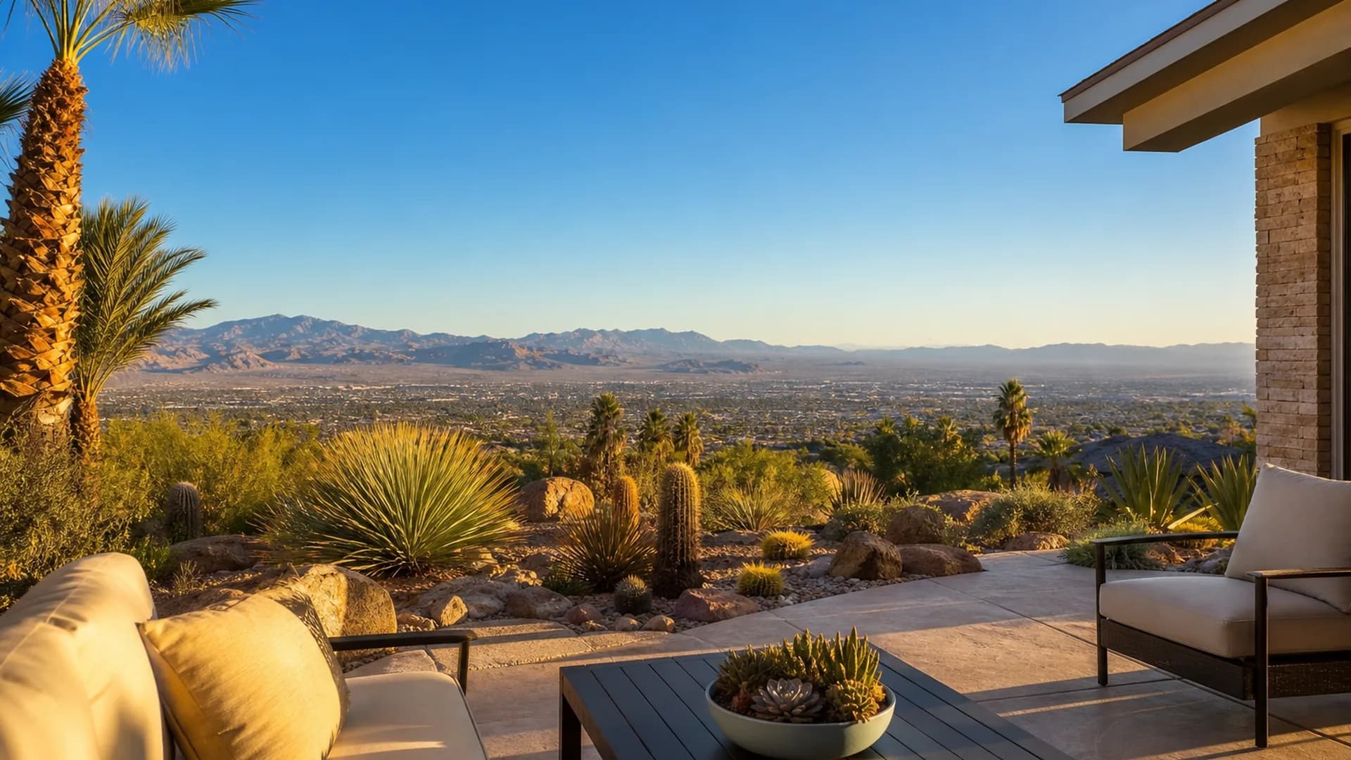 Sun-drenched Las Vegas desert patio under a clear blue sky | Las Vegas Relocation Services Sun-drenched Las Vegas desert patio under a clear blue sky