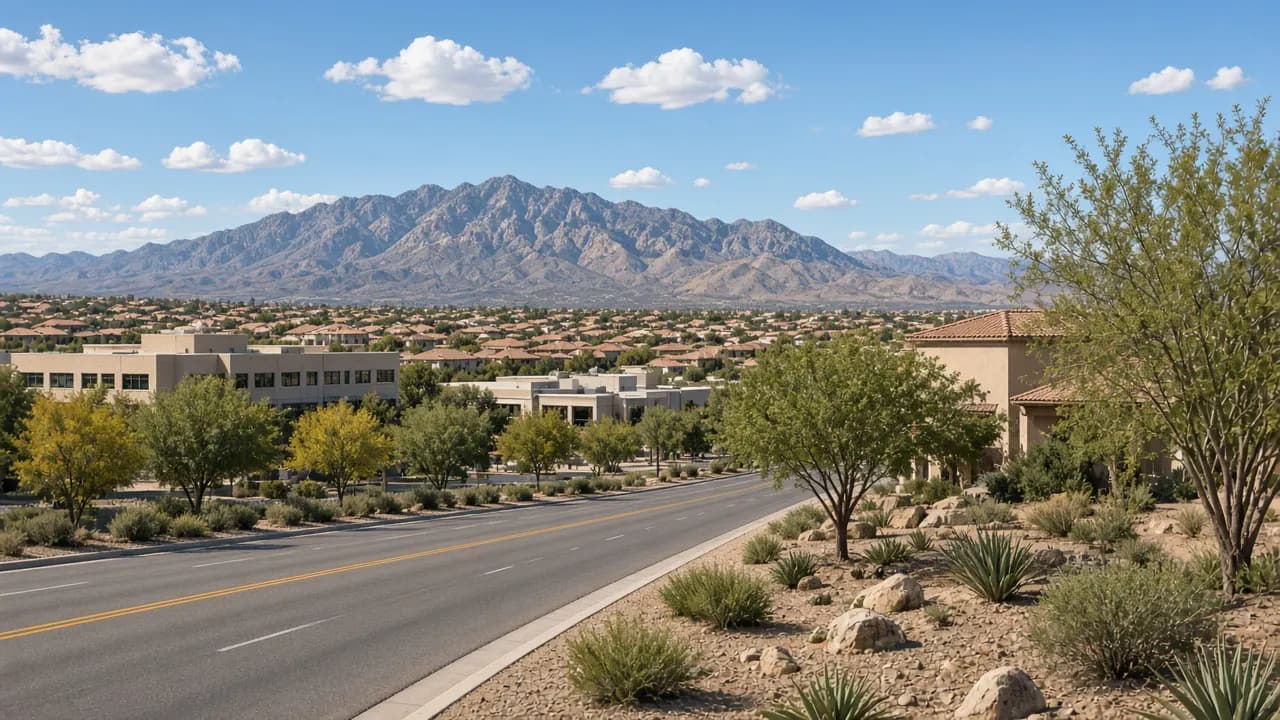 Green Valley Parkway in Henderson with low buildings and desert mountains | Las Vegas Relocation Services Green Valley Parkway in Henderson with low buildings and desert mountains