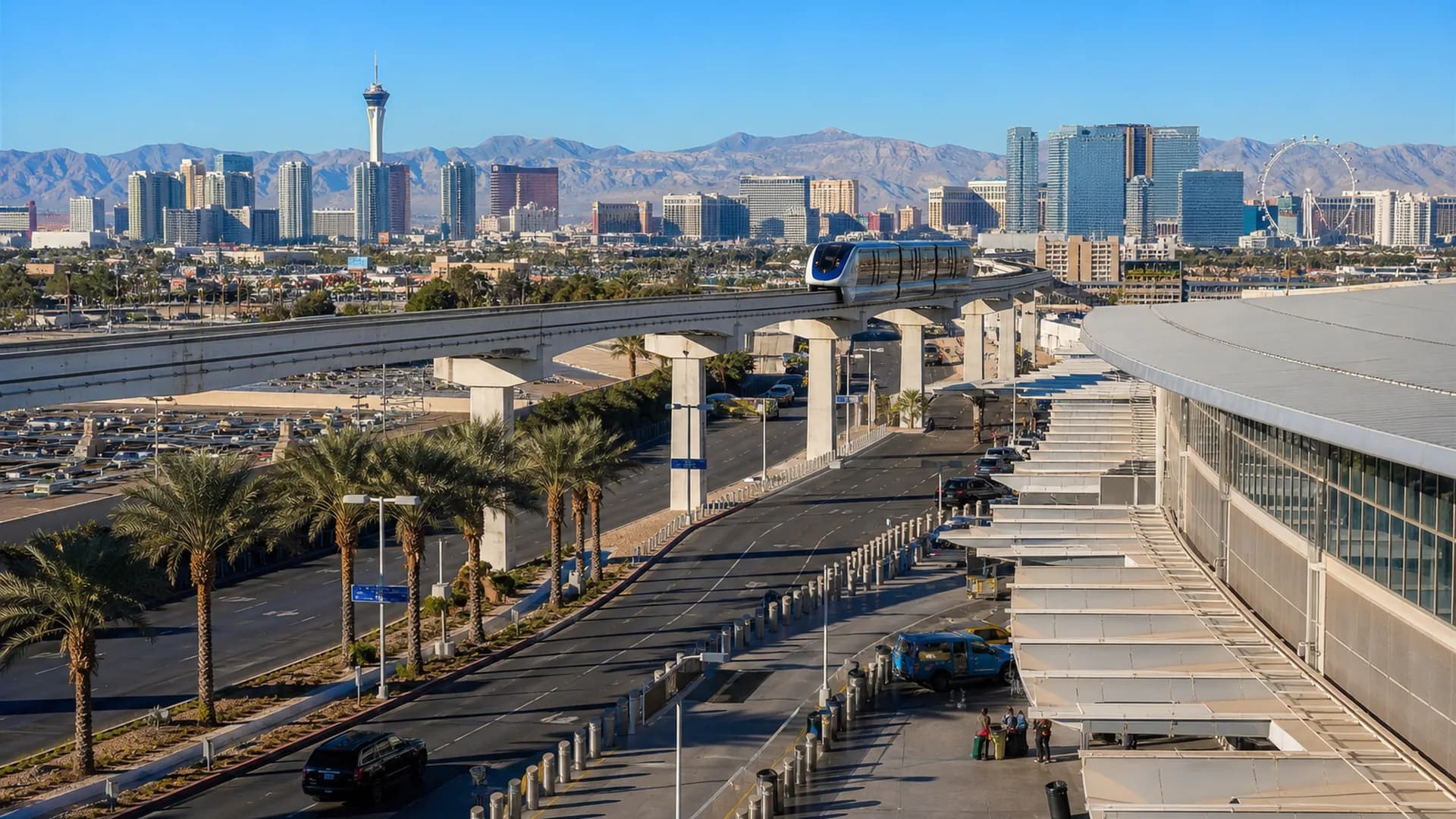Las Vegas airport arrival with the Strip skyline in the distance | Las Vegas Relocation Services Las Vegas airport arrival with the Strip skyline in the distance