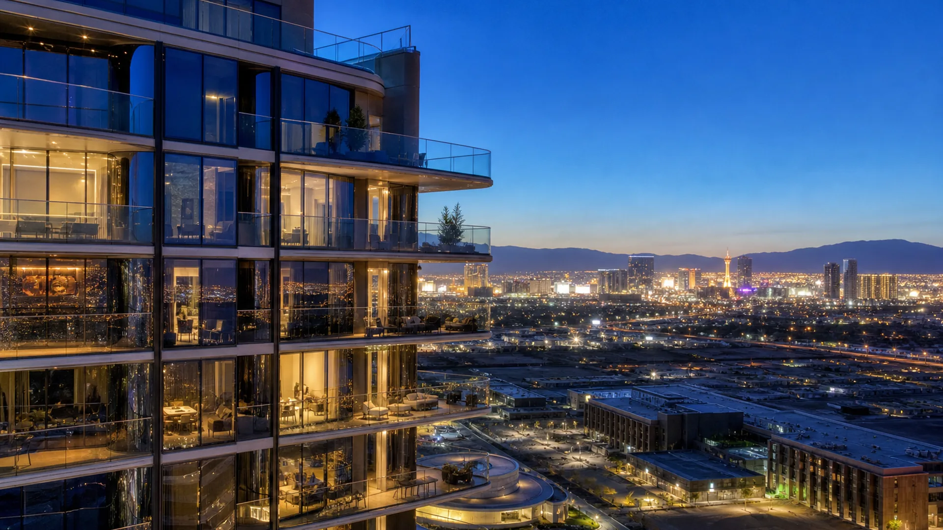 Luxury Las Vegas high-rise condominiums at blue hour | Las Vegas Relocation Services Luxury Las Vegas high-rise condominiums at blue hour