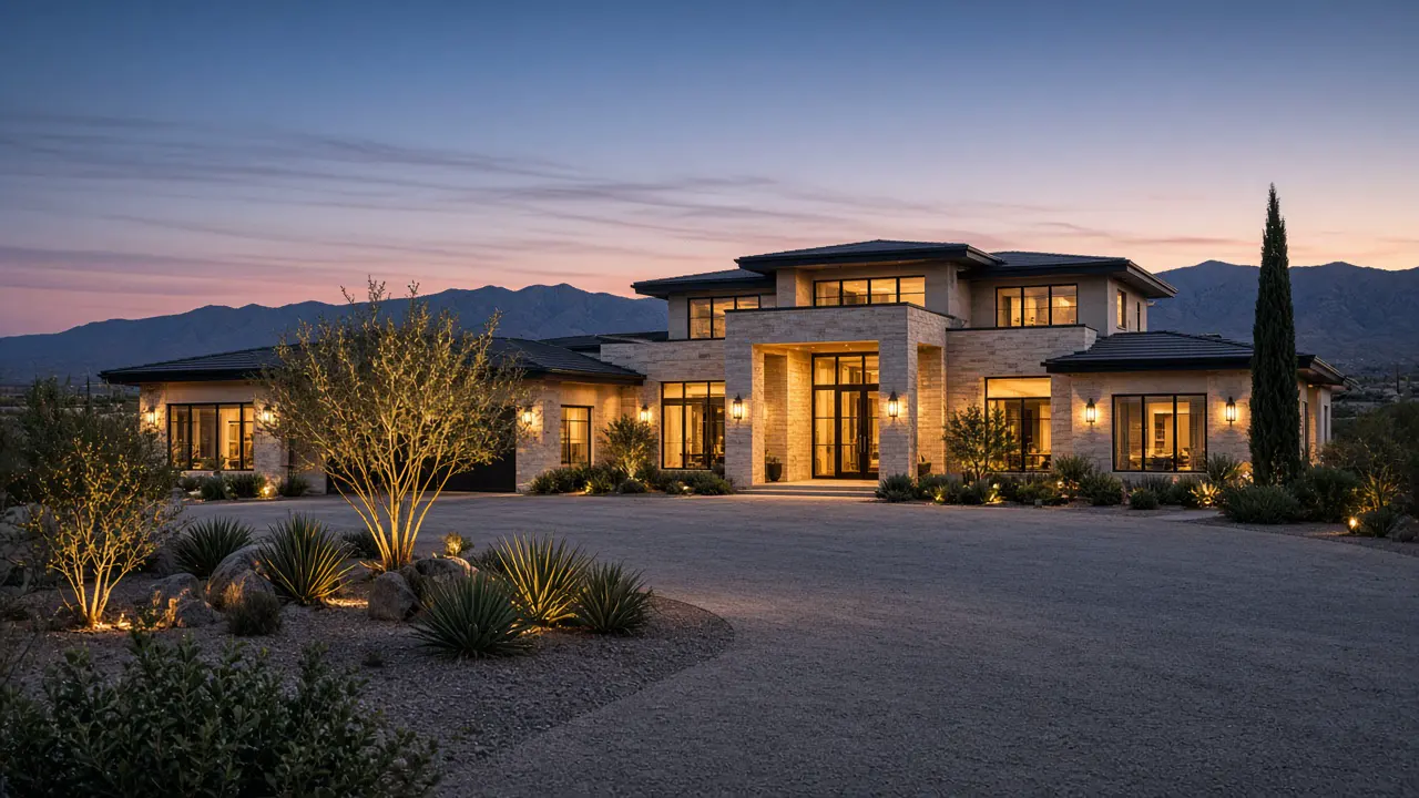 Luxury Las Vegas home at twilight with the lights on and an empty driveway | Las Vegas Relocation Services Luxury Las Vegas home at twilight with the lights on and an empty driveway