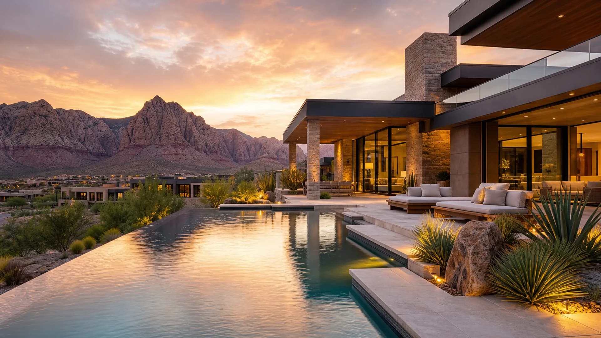 Luxury desert estate with pool and Red Rock mountain backdrop | Las Vegas Relocation Services Luxury desert estate with pool and Red Rock mountain backdrop