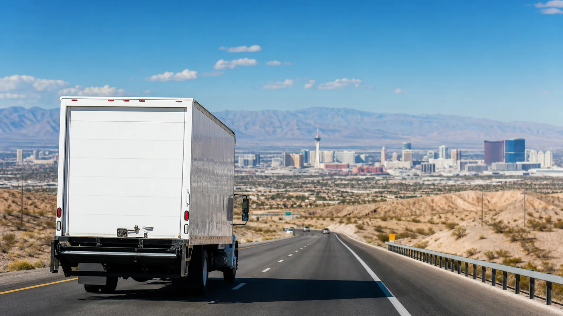 Moving truck on a desert highway approaching Las Vegas | Las Vegas Relocation Services Moving truck on a desert highway approaching Las Vegas