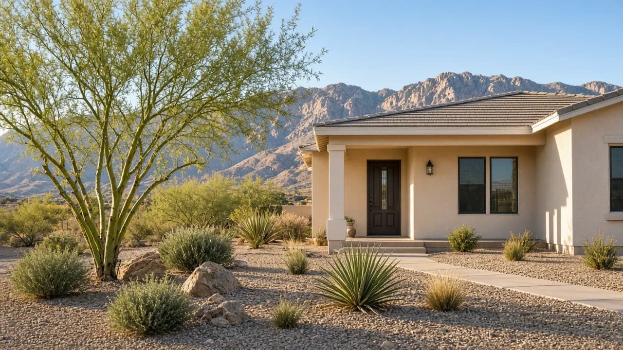 Single-story desert home in the Las Vegas valley under a clear sky | Las Vegas Relocation Services Single-story desert home in the Las Vegas valley under a clear sky