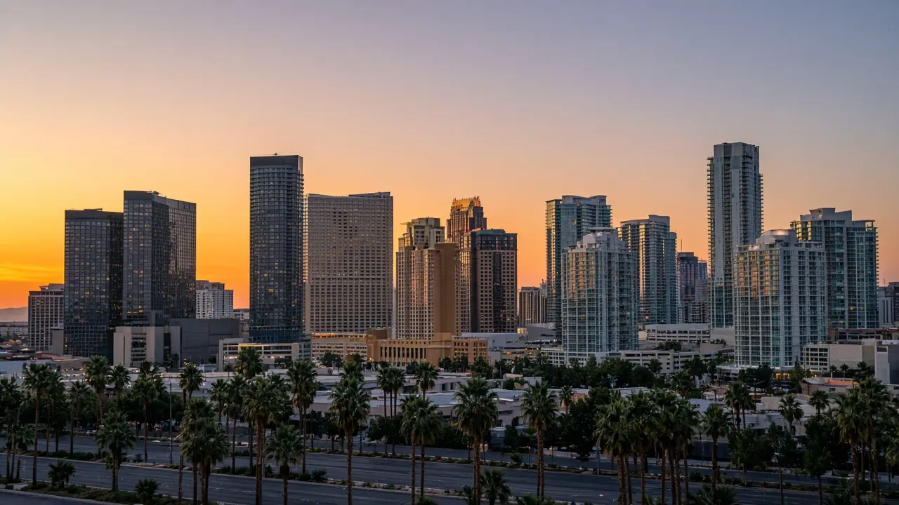 Las Vegas Strip skyline at sunset beyond a palm-lined road in Paradise | Las Vegas Relocation Services Las Vegas Strip skyline at sunset beyond a palm-lined road in Paradise