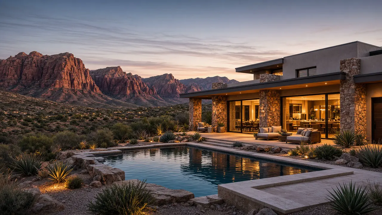 Luxury desert estate at dusk with a pool and Red Rock cliffs | Las Vegas Relocation Services Luxury desert estate at dusk with a pool and Red Rock cliffs