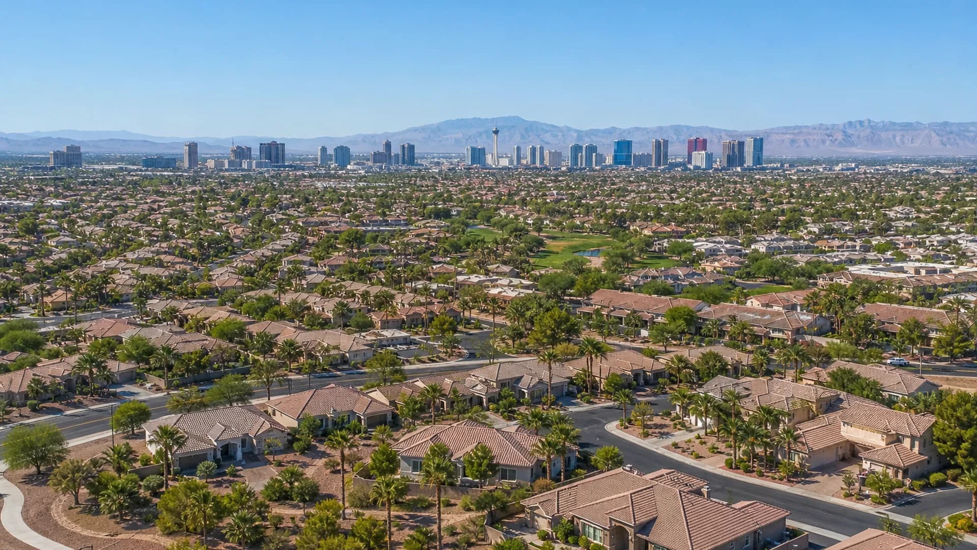 Las Vegas valley and Strip skyline at golden hour | Las Vegas Relocation Services Las Vegas valley and Strip skyline at golden hour