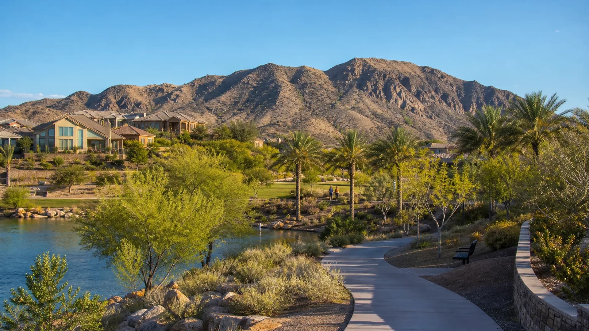Community trail in a Las Vegas neighborhood with desert mountains | Las Vegas Relocation Services Community trail in a Las Vegas neighborhood with desert mountains