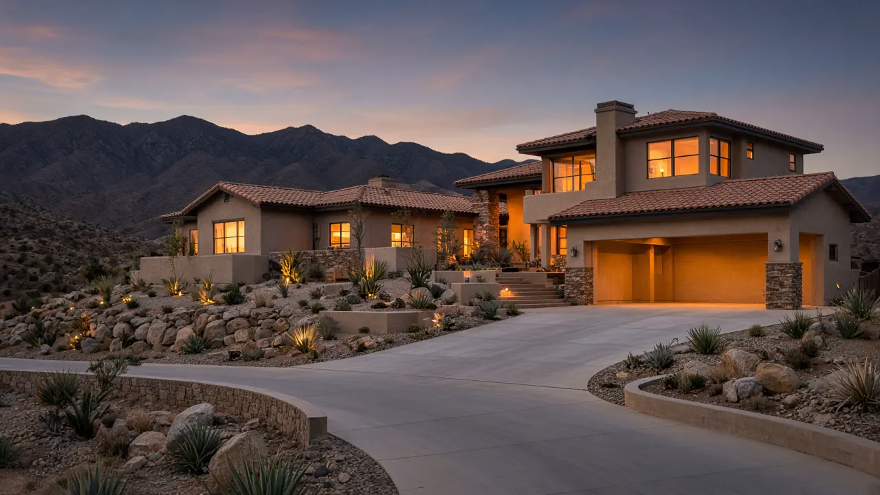 Hillside homes at dusk in Seven Hills, Henderson | Las Vegas Relocation Services Hillside homes at dusk in Seven Hills, Henderson