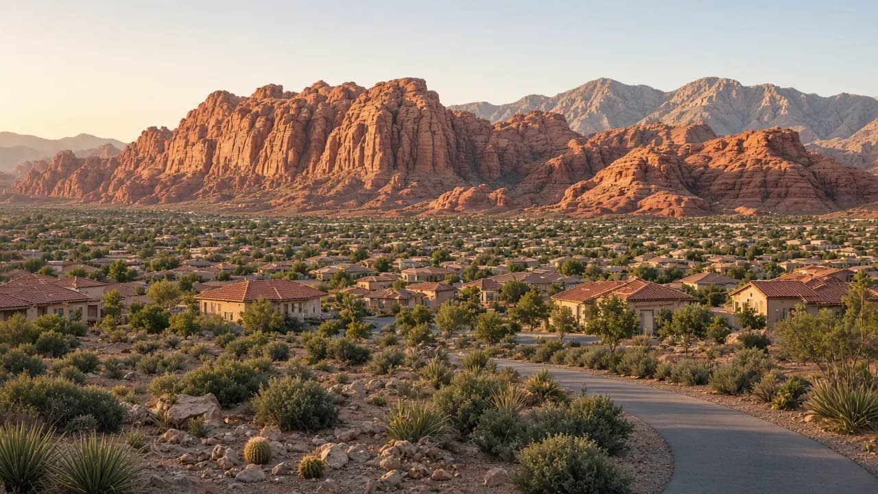 Summerlin homes below Red Rock cliffs with a desert trail in the foreground