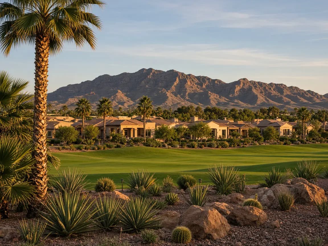 Anthem homes in Henderson beside a golf fairway and desert mountain ridge